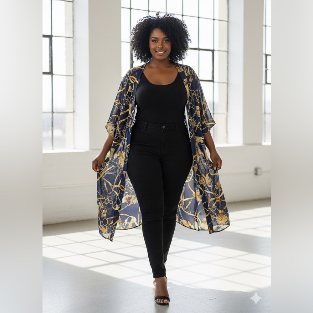 Fashion Nova Royal Blue and Gold Chain Kimono (V4)